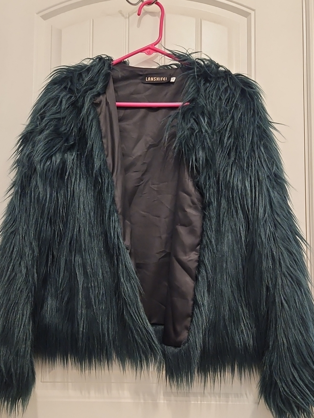 LANSHIFEI Women's Dark Teal Faux Fur Teddy Jacket - Plush Open Front Coat